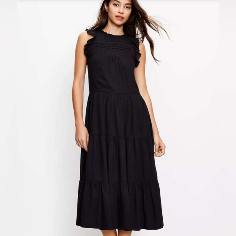 Loft Pintucked Ruffle Tier Midi Dress  Black NWT LP Ret $100